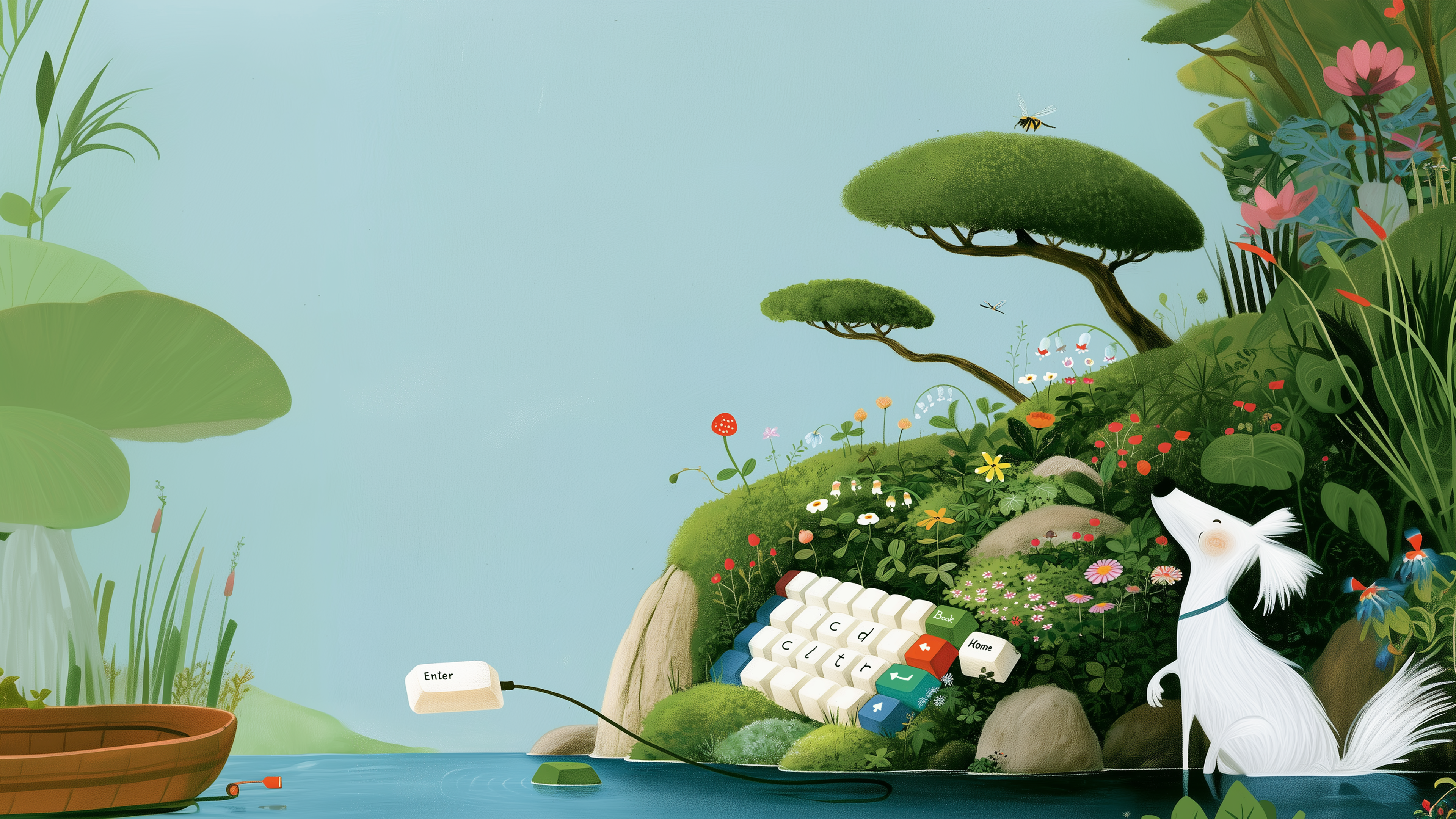 Illustrierte Insel-Landschaft mit Hügeln, Pflanzen und Meer